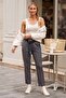 Gray Pocketed Belted Elastic Waist Straight Leg Casual Lycra Woven Trousers 100 60 - 5