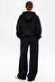 Women's Oversized Tracksuit Set Zip Black – Zippered, Hooded , Wide Leg, 3 Thread Fleece-Lined Fleece - 2