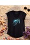 Caretta Blue Visual Printed V-Neck Flared Black Cotton T-Shirt
