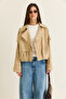 Women's Beige Wide Double-Breasted Collar Epaulette Detailed Lined Short Trench Coat 8024 60286462 - 2