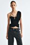 Draped dual-fabric crop top