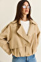 Women's Beige Wide Double-Breasted Collar Epaulette Detailed Lined Short Trench Coat 8024 60286462