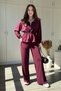 Zippered Waist Drawstring Modal Claret Red Trousers Cardigan Set - 4