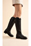 Women's Leather Look Short Heeled Below the Knee Boots with Back Zipper - 2