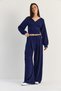 Women's Navy Blue V-Neck Waist Corset Crop Blouse Waist Pleated Palazzo Trousers Modal Set 0480 60286539 - 5