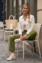 Green Pocketed Belted Elastic Waist Straight Leg Casual Lycra Woven Trousers 100 60 - 4