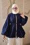 Navy Blue Sleeveless Lace Detailed Jacket with Drawstring Waist