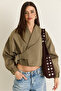 Women's Khaki Lined Shawl Collar Belt Detailed Crop Oversize Trench Coat 2825 60286547 - 2