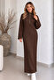 Ribbed Knitwear Dress with Zipper on the Collar K3067 Brown - 3