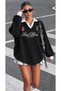 Women's Oversize Long Sleeve Polo Collar College Embroidered Sweatshirt - 2