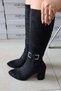 Women's Lamor Black Suede Heeled Side Zipper Below the Knee Boots 410