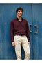 Burgundy Plain Regular Fit Long Woven Casual 100% Cotton Shirt - 2