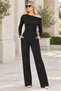 Women's Boat Neck Long Sleeve Off-Shoulder Lycra Stretch Top and Elastic Waist Pocketed Wide-Leg Lycra Stretch Pants Black Two-Piece Set