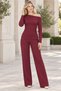 Women's Boat Neck Long Sleeve Off-Shoulder Lycra Stretch Top and Elastic Waist with Pockets Wide Leg Lycra Stretch Pants Burgundy Two-Piece Set - 5
