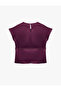 Pleated Collar Belted Plum Color Satin Blouse Short Sleeves - 2