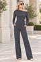 Women's Boat Neck Long Sleeve Off-Shoulder Lycra Stretch Top and Elastic Waist Pocketed Wide-Leg Lycra Stretch Pants Anthracite Two-Piece Set
