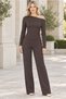 Women's Boat Neck Long Sleeve Off-Shoulder Lycra Stretch Top and Elastic Waist Pocketed Wide-Leg Lycra Stretch Pants Brown Two-Piece Set - 5