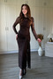 Long Sleeve Glittery Floral Embroidered Transparent Detailed Belted Front Brown Maxi Tulle Dress - 6