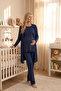 Navy blue robe maternity pajama set - cotton, double-breasted nursing collar, ruffle detailed 3-piece pregnancy set - 2