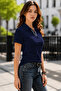 Premium Women's Stripe Detailed Buttonless V Polo Collar T-Shirt - 3