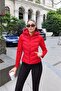 Women's Red Hooded Contrast Puffer Coat Fitted Windproof Zipper Women's Coat