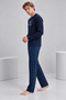 Men's Navy Blue Printed Long Sleeve Plaid Pants Pajama Set - 2