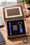 5-Piece Set with Special Wooden Box: Navy Blue Pen Keychain and Lighter – Leather Metal Keychain, Touchpen Ballpoint Pen, Matte Black Lighter, Keychain Lighter Pen