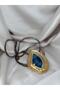 Navy Blue Agate Stone Gold Statement Necklace – Authentic Women's Necklace with Large End and Brown Cord - 2