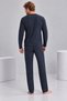 Men's Navy Blue Patterned Lapel Collar Long Sleeve Pajama Set - 3