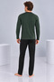 Men's Khaki Green Placketed Collar Long Sleeve Black Pants Pajama Set - 3
