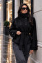 Women's Black Cashmere Coat with Stand Collar and Belted Double-Breasted Jacket - 2