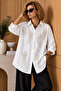 White Bead Embroidered Oversize Loose Cotton Viscose Shirt