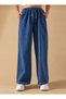 Women's Elastic Waist Comfortable Fit Wide Leg Pockets Blue Jean Soft Denim Trousers - 4