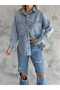 Women's Light Blue Label Detailed Double Pocket Snap Fastener Oversize Long Sleeve Autumn Denim Shirt - 7