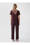 Ozmarka New Season Brown V-Neck Patterned Women's Pajama Set - 4