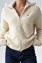 Beige Mini Brooch Zippered Cardigan - 2