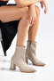 Pointed Toe Thick Heeled Side Zipper Beige Stretch Boots