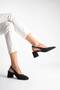 Women's Thick Heeled Shoes with Open Back, Round Toe, Stitched in the Middle, Accessory Detail B01 - 4