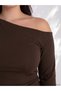 Two Mt Shop Quality Lcw Curve Brown Combed Cotton Plain Boat Neck Long Sleeve Women's Blouse - 2