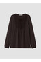 Vizyon New Season Brown Tie-Neck Embroidered Gathered Blouse