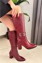 Women's Paris Buckle Detailed Burgundy Side Zipper Below the Knee Boots 410