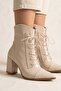 Women's Cora Beige Patent Leather Side Zipper Lace Detailed Thick Heeled Pointed Toe Boots