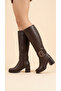 Women's Leather Look Large Buckle Detailed Zippered Thick Heeled Below the Knee Boots - 4
