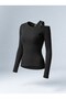 Women's Black Double Layer Athlete-Look Off-Shoulder Long Sleeve Fit Blouse - 7