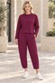 Women's Round Neck Textured Off-Shoulder Sweatshirt and Ankle-Length Pants Set with Elastic Waist, Lycra, Flexible Pockets, Sporty Stylish Two-Piece Combination in Burgundy - 4