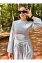 Women's Gray Padded Back Tie Long Sleeve Blouse High Waist Pants Set - 2