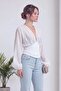 Women's Corseted V-Neck Balloon Sleeve Chiffon Blouse White, Black - 3