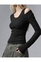 Women's Black Double Layer Athlete-Look Off-Shoulder Long Sleeve Fit Blouse - 2