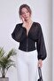 Women's Corseted V-Neck Balloon Sleeve Chiffon Blouse White, Black - 2