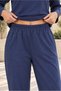 Women's Round Neck Textured Off-Shoulder Sweatshirt and Ankle-Length Pants Set Elastic Waist Lycra Flexible Pockets Sporty Stylish Two-Piece Combination Navy Blue - 2